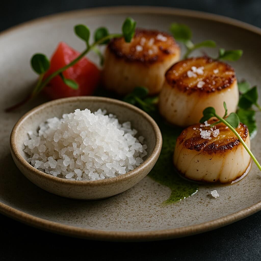 A close-up of a gourmet dish prepared by a chef, delicately finished with flaky Fleur de Sel