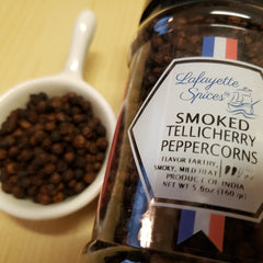 Tellicherry Smoked Peppercorns hail from India – where all Tellicherry peppers come from. Their extra large berry size are due to them being left on the vine to ripen longer – just before they turn red.